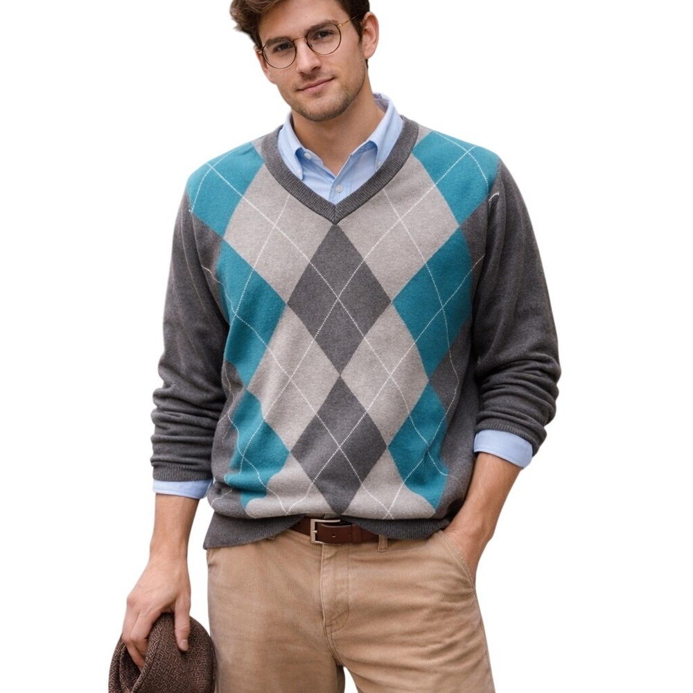 Men's 100% Cotton Argyle Printed V Neck Knitted Pullover Sweater Sz XXL Grandpa‎